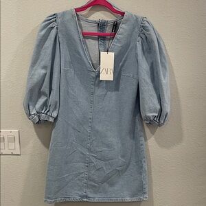 ZARA NWT Denim Mini Dress Puff Sleeve Large